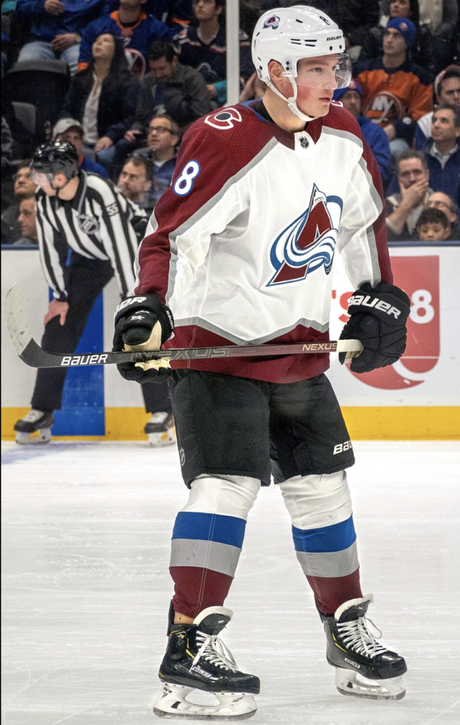Colorado Avalanche player on the ice during an NHL game.